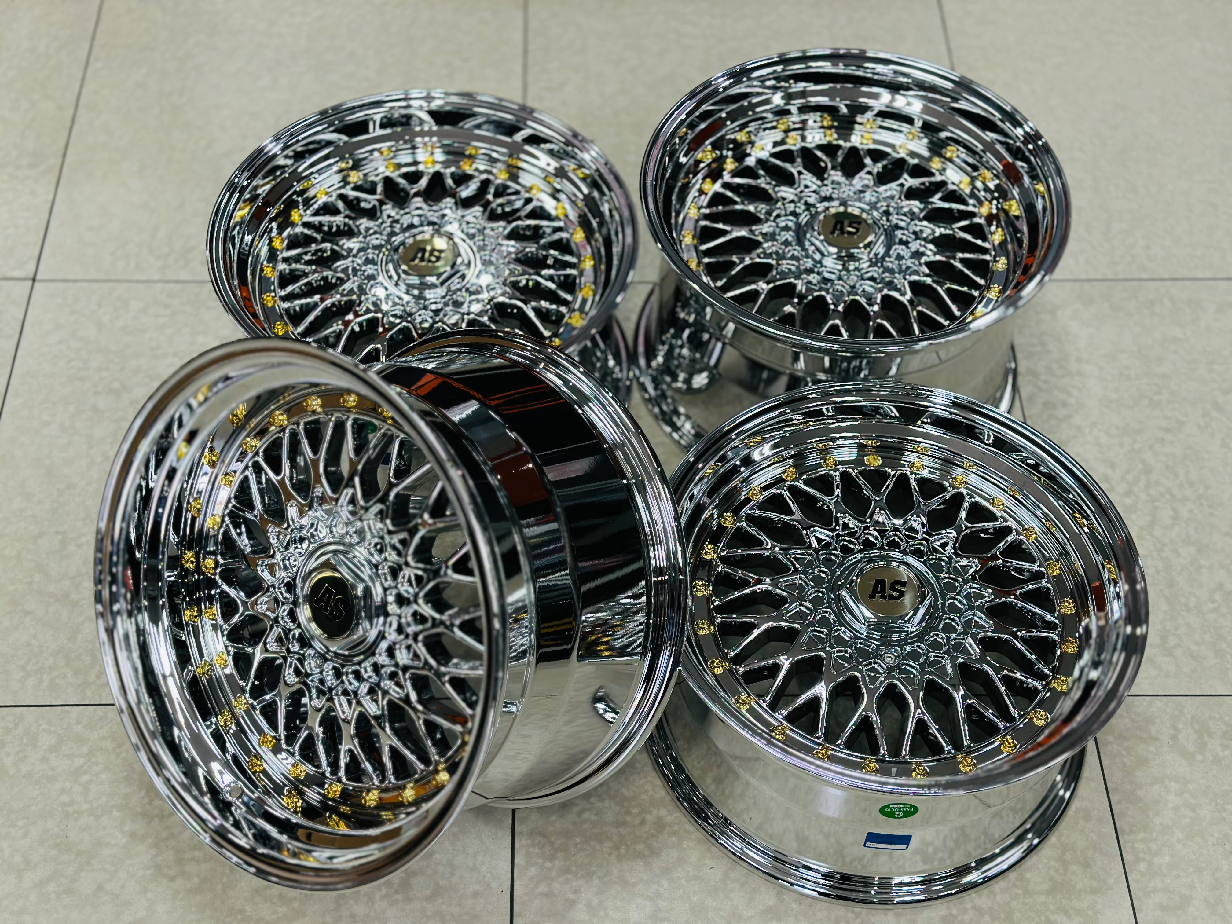 17” AS® Mesh chrome 4x100 & 5x100 10j rear GOLD STUDS - Image 31